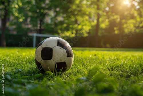 Professional FIFA Size 5 soccer ball  stadium turf  goal in distance background. generative AI