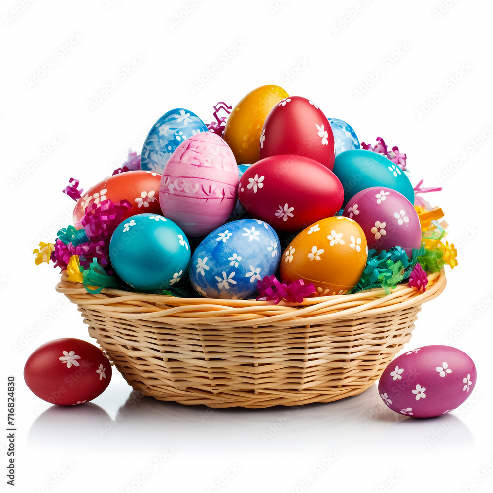 Colorful painted Easter eggs in a basket isolated in front of white background