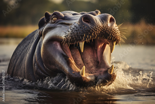 Hippo opens mouth in water in front of daytime view © NOOPIAN