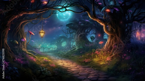 Enchanted forest path with glowing plants and mystical light