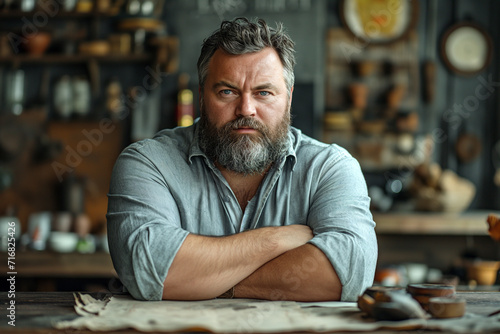 Bearded Man With Crossed Arms in a Workshop