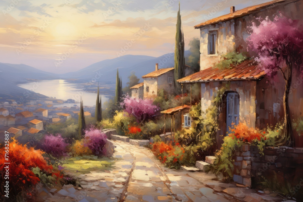 Sunset illuminates a serene village with vibrant flora and winding stone pathways.