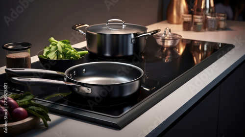 Healthy cooking on a modern induction stove with a variety of fresh vegetables in a kitchen