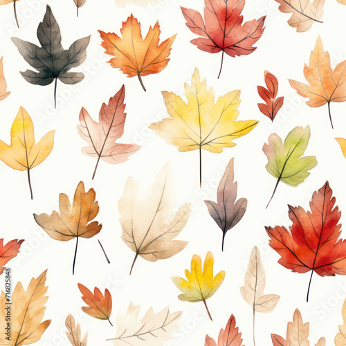 A seamless pattern of watercolor autumn leaves in warm tones, ideal for seasonal backgrounds.