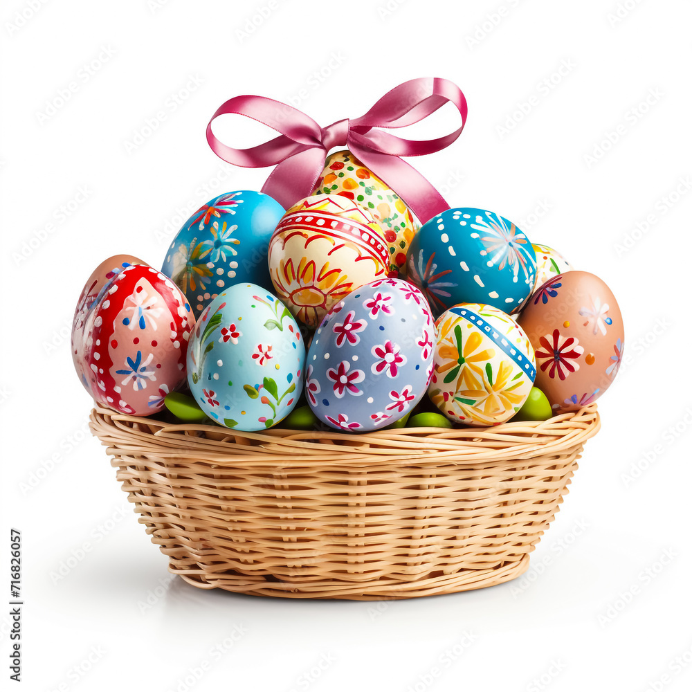 Colorful painted Easter eggs in a basket isolated in front of white background