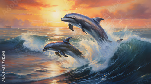 illustration of a group of dolphins swimming in the sea with the waves © MyBackground