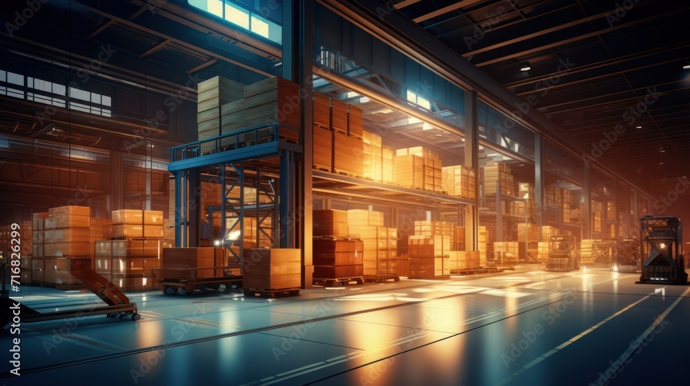 Wires and rows of boxes. Futuristic warehouse. Modern technology background.
