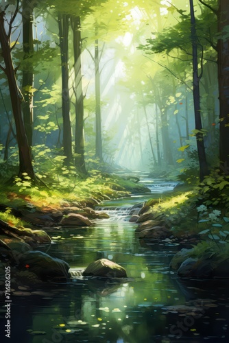Fantasy landscape with a river and a forest in the background
