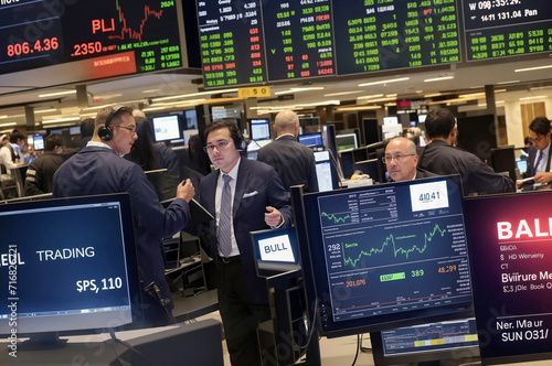 Trading room at stock exchange, brokers and traders analyze market situation