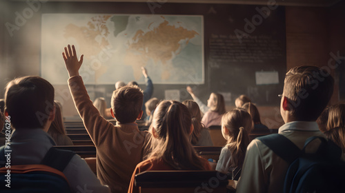 Schoolchildren raising their hands in the classroom, back view photo