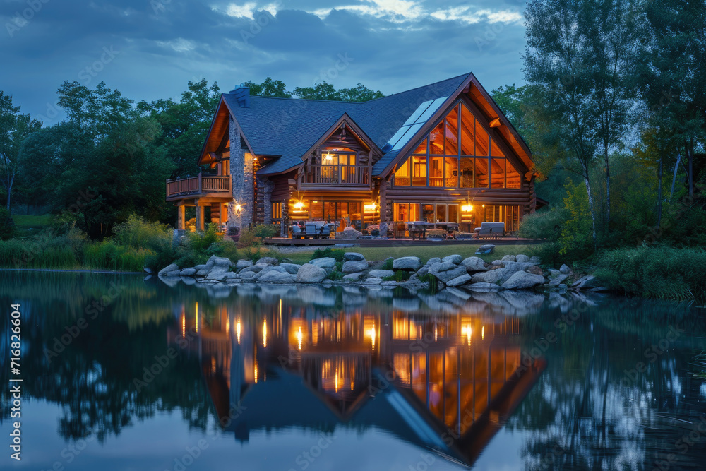 an attractive and beautifully lit home that is situated on a pond