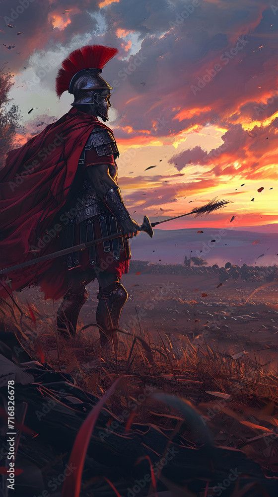A victorious centurion surveys the battlefield at twilight A victorious centurion surveys the battlefield at twilight