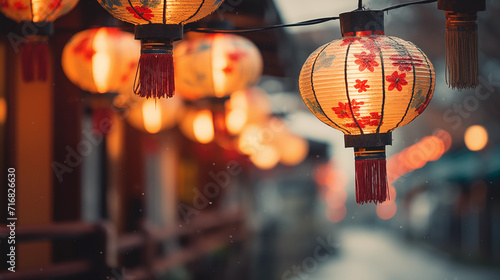 beautiful lamps with flower symbols for chinese lantern festival celebration with an asian street background
