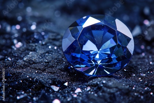 Macro photograph of a sparkling sapphire gemstone, highlighting its deep blue color and clarity.