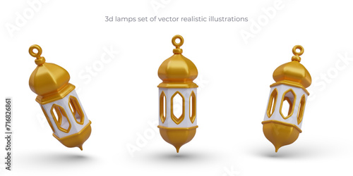 3D gold Arabic lantern. Hanging festive lamp. Vector model in vertical and tilted position