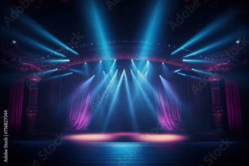 Empty modern stage with bright background for performance  stage lighting with spotlights for theater performance