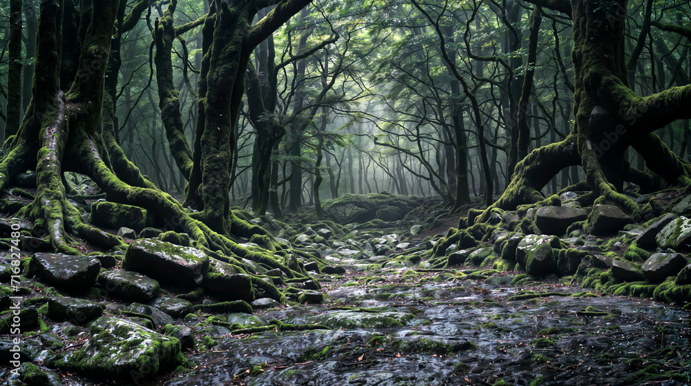 Lush Green Moss-Covered Forest with Stream Lush Green Moss-Covered Forest with Stream