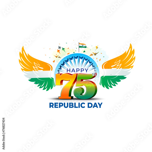 India Republic day Celebration creative concept design. Happy 75th Republic day 3d text with Indian Tricolor wings. photo