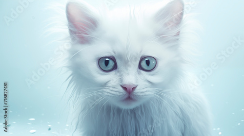 Wet white kitten with sad eyes, close-up muzzle on a light background with drops of water. Sad cat. © Mariia