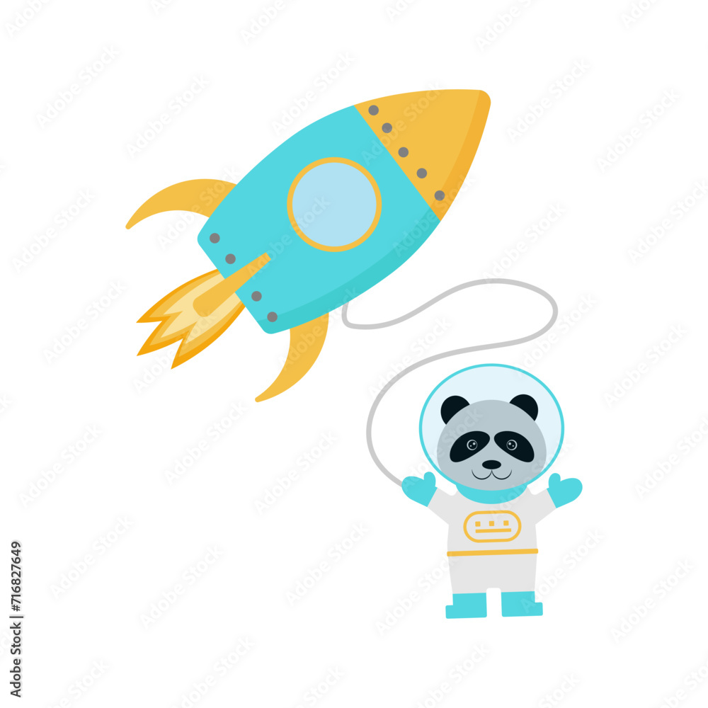 Cute funny panda astronaut flying on a rocket. Space adventure