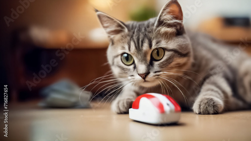 Gattino con Grandi Occhi che gioca con un mouse in Casa