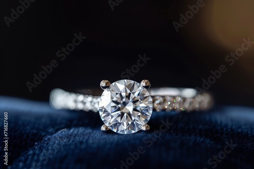 Macro shot of a sparkling diamond ring on a velvet cushion, emphasizing luxury and elegance.