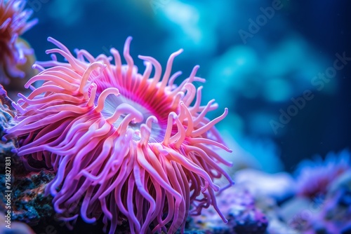 Macro shot of a vibrant sea anemone in a coral reef, highlighting its colors and symbiotic relationship. © furyon