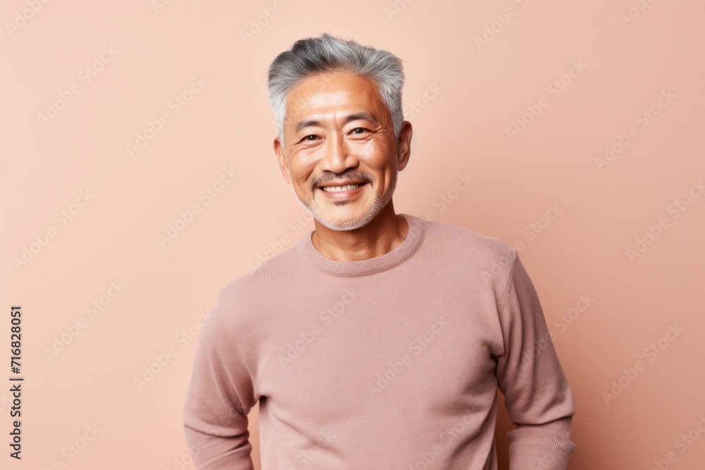 Portrait of a content asian man in his 60s donning a trendy cropped top against a pastel or soft colors background. AI Generation Portrait of a content asian man in his 60s donning a trendy cropped top against a pastel or soft colors background. AI Generation