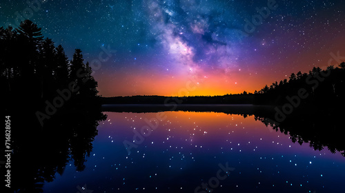 Starry reflections at twilight  a serene river landscape under a cosmic sky
