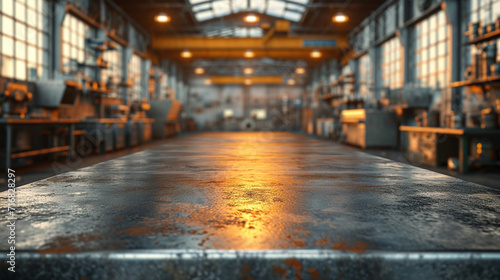 Steel table top in blur factory background.