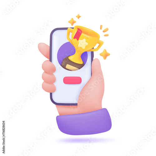 3D Trophy. Gold trophy with stars for congratulating winners in sports competitions. 3D Vector Illustration.