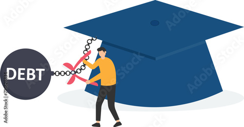 Student loan debt pay off or forgiveness program, Cut education expense or reduce fee, Cut chain to relief from student loan debt burden metal ball from graduated mortarboard


