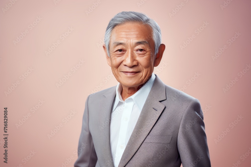 Portrait of a tender asian elderly man in his 90s wearing a professional suit jacket against a pastel or soft colors background. AI Generation Portrait of a tender asian elderly man in his 90s wearing a professional suit jacket against a pastel or soft colors background. AI Generation