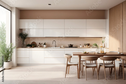A serene kitchen with pastel tones and a white empty canvas frame © ArtfuIInfusion