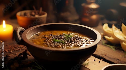 lentils soup in a clay pot on a wooden table. photo