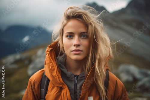 Portrait of Young Blonde Woman Backpacker Traveling Alone in in Mountains © Nikki AI