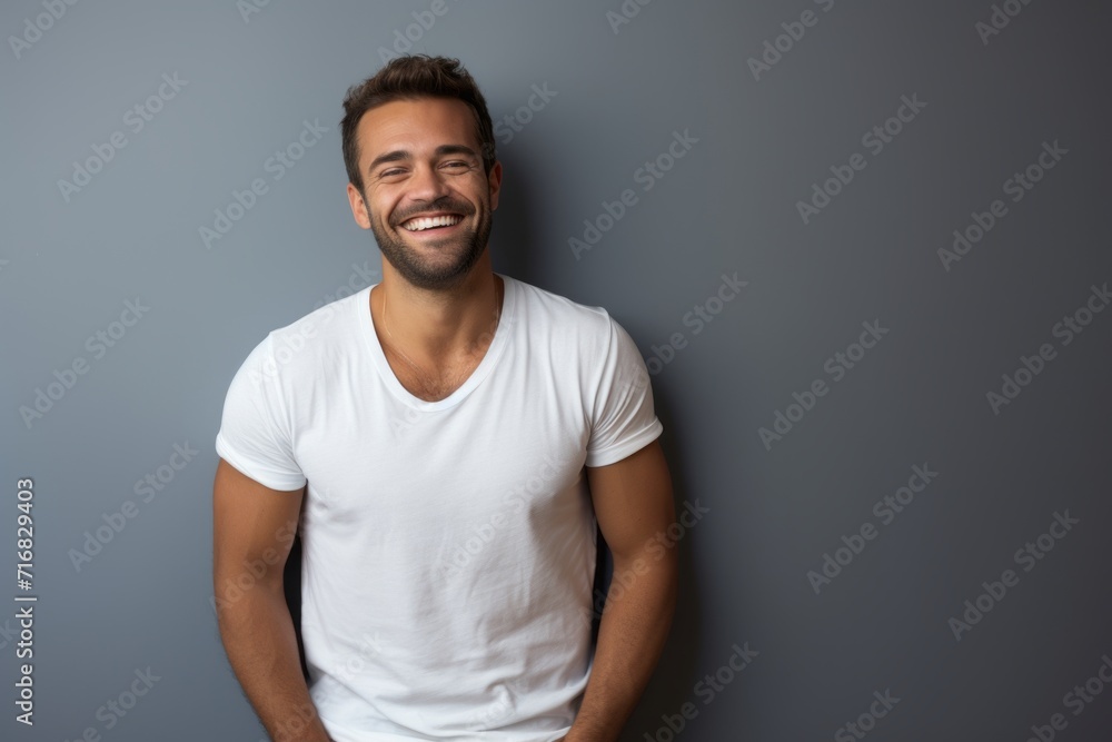 Portrait of a grinning man in his 30s donning a trendy cropped top against a minimalist or empty room background. AI Generation Portrait of a grinning man in his 30s donning a trendy cropped top against a minimalist or empty room background. AI Generation