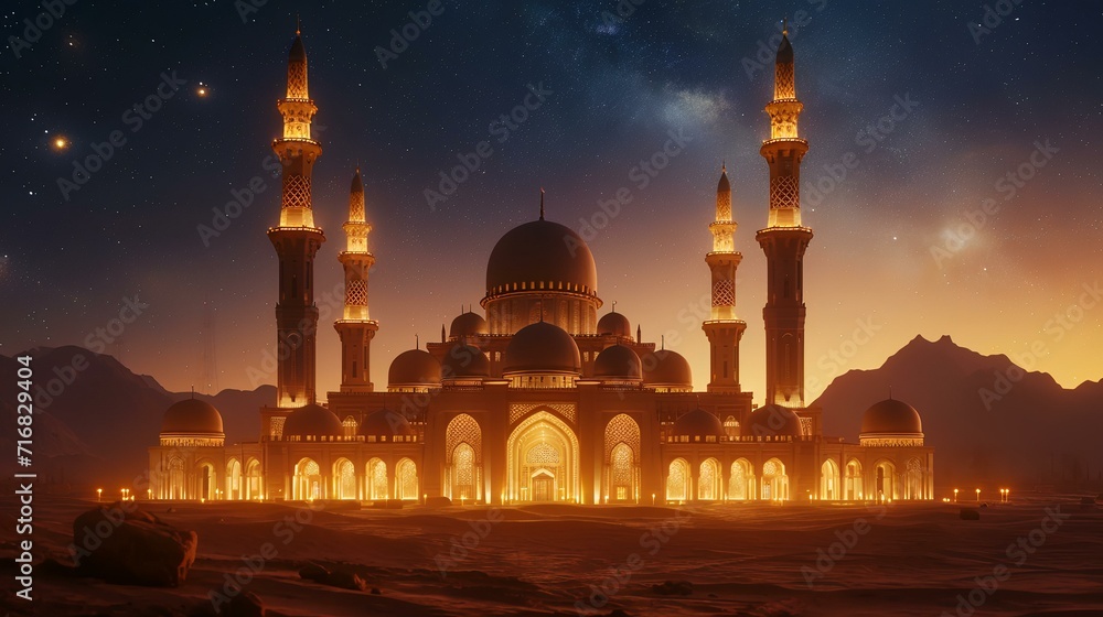 Mosque in the desert at night with a starry sky. 3d rendering