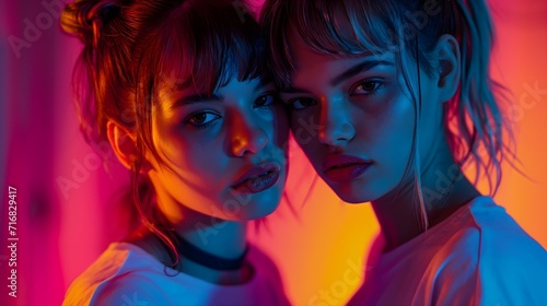 Portrait of two women with neon red and blue lights  © chand