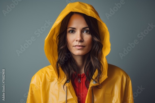 Portrait of a tender woman in her 40s wearing a vibrant raincoat against a minimalist or empty room background. AI Generation © CogniLens