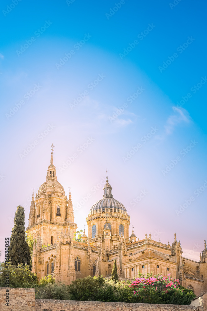Salamanca Cathedral towers at sunset in Spain.