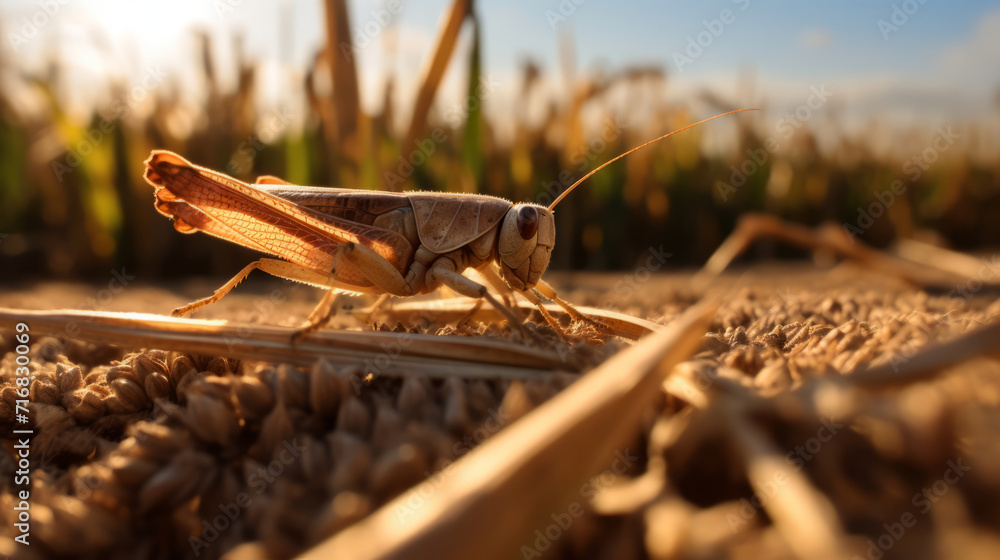 The aftermath of a grasshopper invasion in a cornfield, with dry leaves and stalks--a reminder of the vulnerability of rural crops to insect infestations - obrazy, fototapety, plakaty 