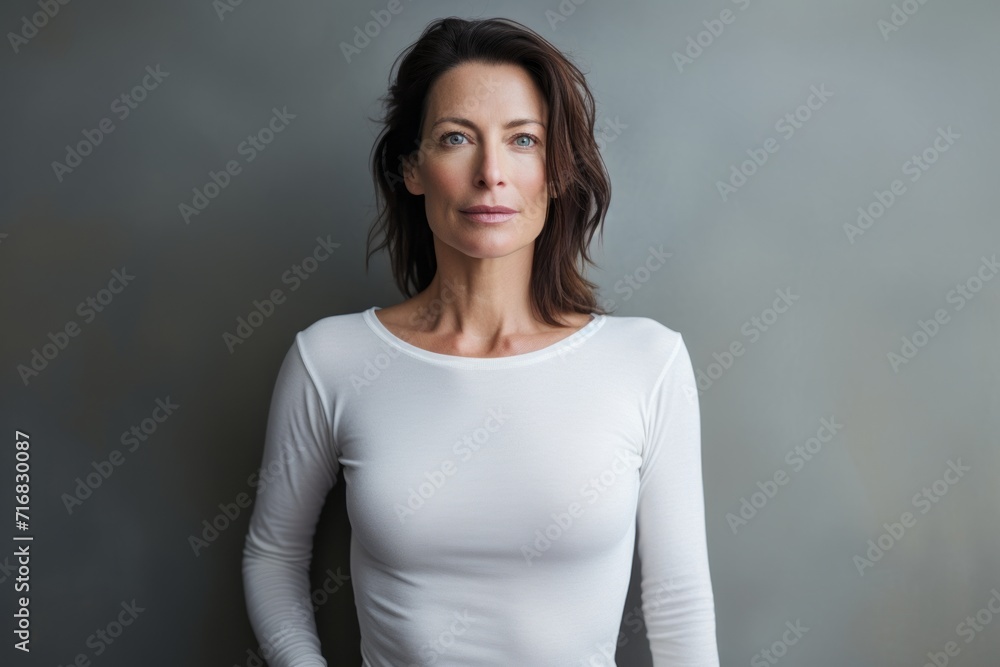 Portrait of a glad woman in her 40s sporting a long-sleeved thermal undershirt against a minimalist or empty room background. AI Generation Portrait of a glad woman in her 40s sporting a long-sleeved thermal undershirt against a minimalist or empty room background. AI Generation