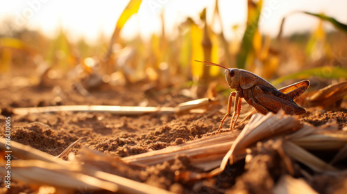 close up of a grasshopper in a cornfield, with dry leaves and stalks--a reminder of the vulnerability of rural crops to insect infestations