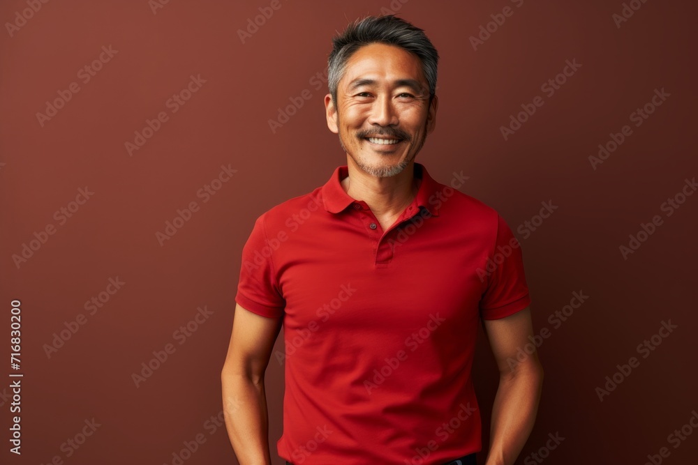 Portrait of a glad asian man in his 40s donning a trendy cropped top against a minimalist or empty room background. AI Generation Portrait of a glad asian man in his 40s donning a trendy cropped top against a minimalist or empty room background. AI Generation