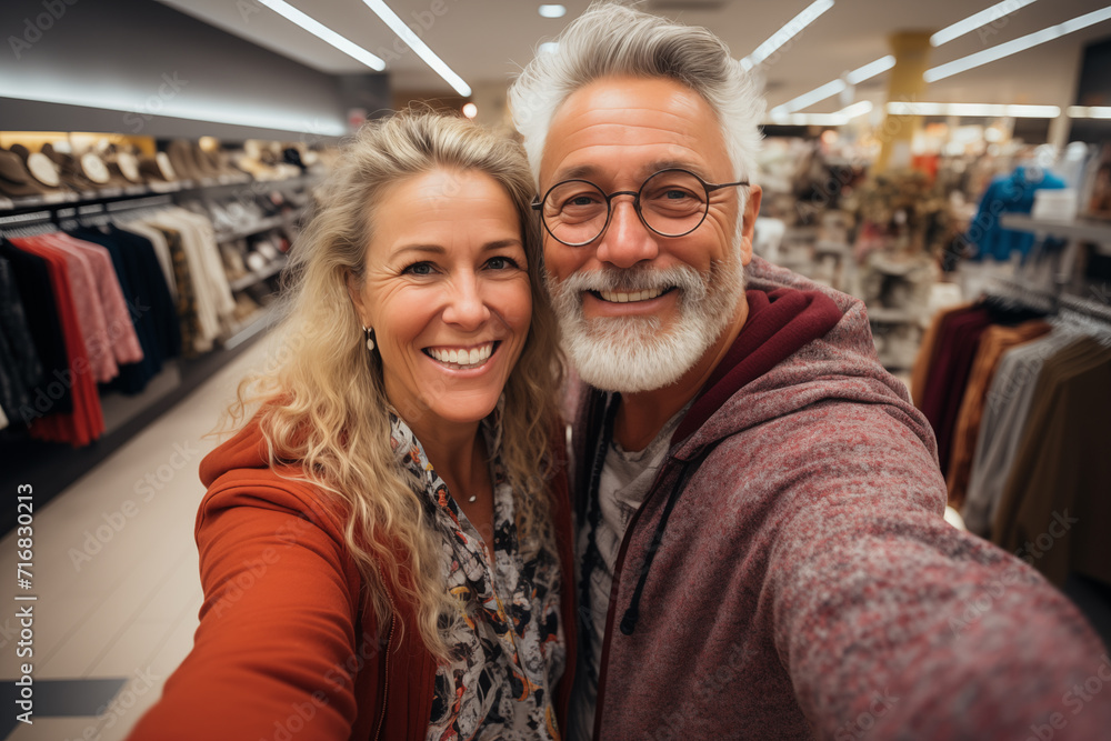 Matrimonio de 60 años de compras. Fotografia selfie en tienda de ropa.De vacaciones por el mundo de compras