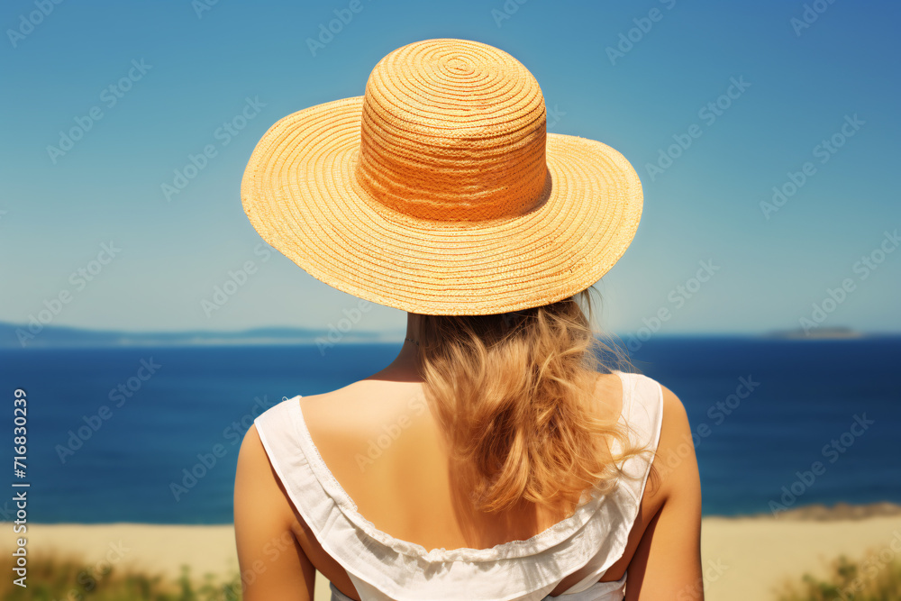 Back view of woman with summer straw hat looking at ocean