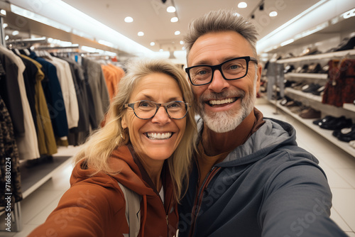 Matrimonio de 60 años de compras. Fotografia selfie en tienda de ropa.De vacaciones por el mundo de compras