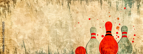  A stylized vintage bowling concept with pins and a ball, featuring grunge textures and splashes of red, ideal for a retro sports background. photo