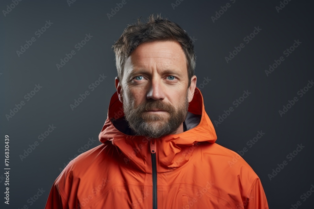 Fototapeta premium Portrait of a glad man in his 40s wearing a functional windbreaker against a minimalist or empty room background. AI Generation